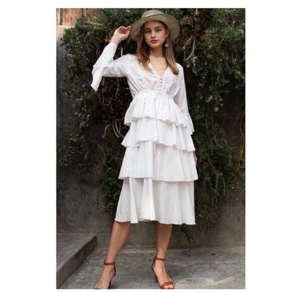 COTTAGE Core White Woven Dress w/ ruffle layer & flare sleeves - Picture 2 of 9